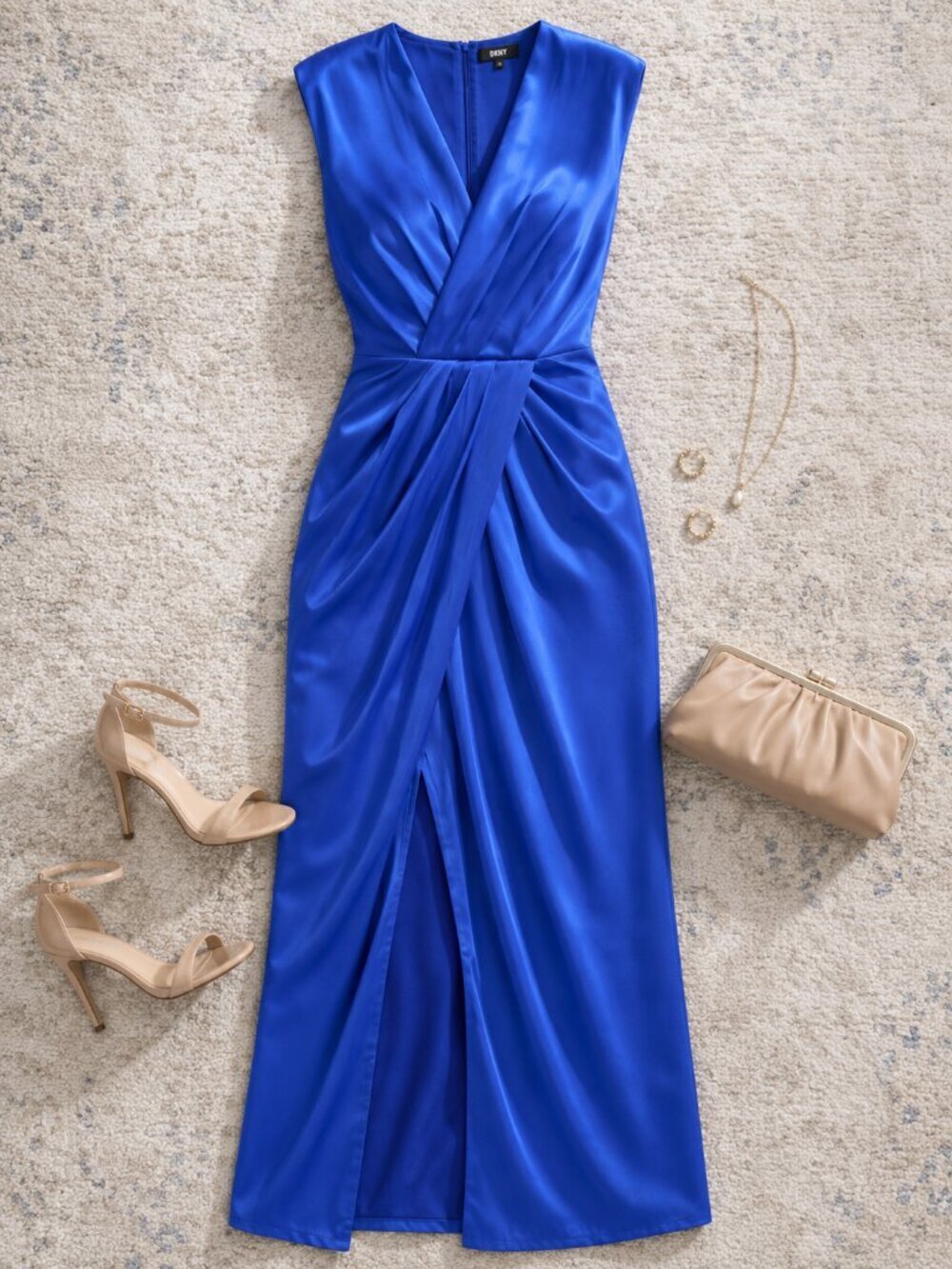 DKNY Blue Size 6 Crisscross Pleated Side Slit Sleeveless Maxi Gown NWT